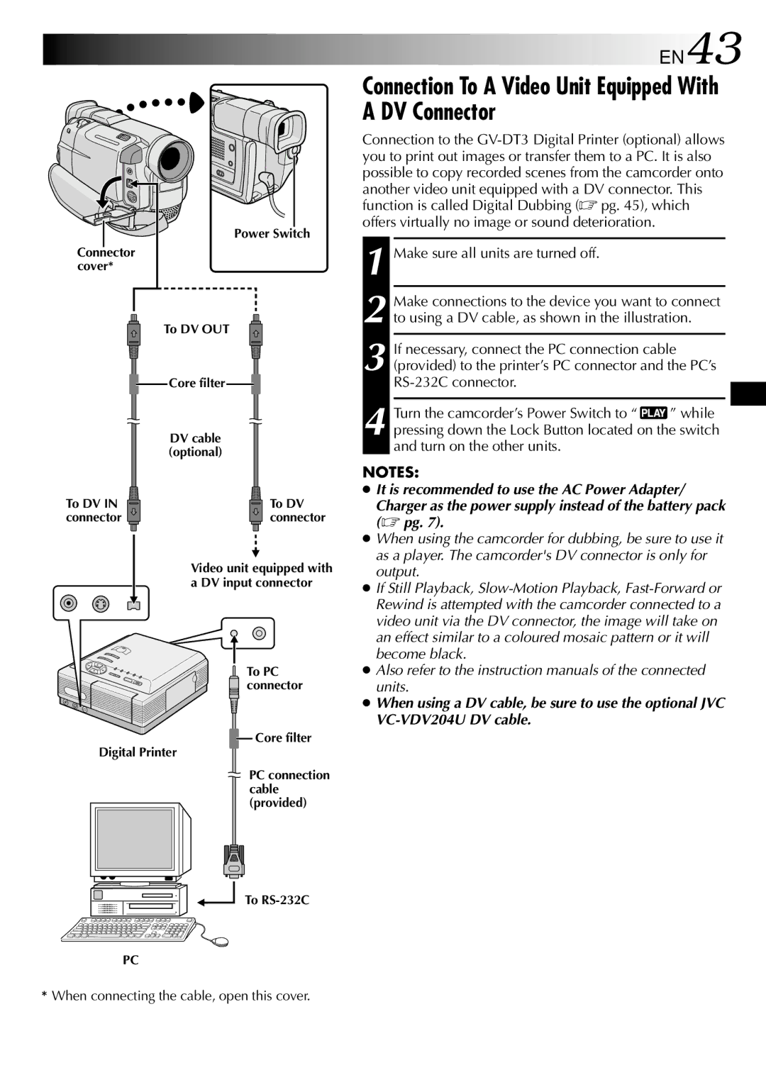 JVC LYT0583-001A Connection To a Video Unit Equipped With a DV Connector, EN43, Make sure all units are turned off 