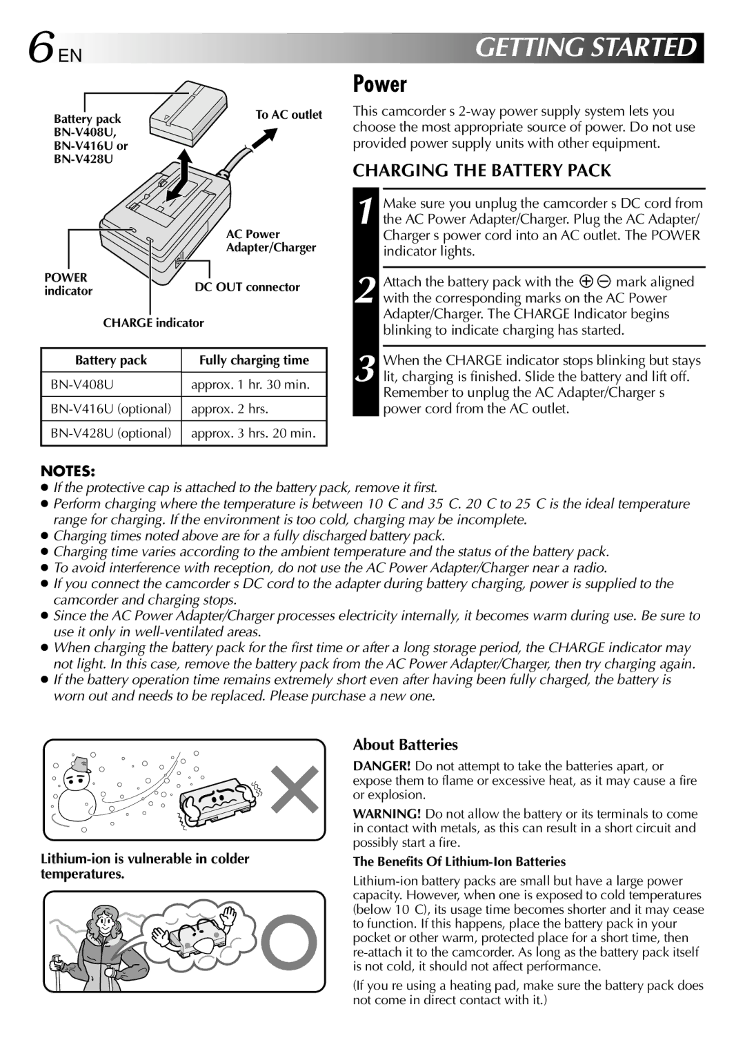 JVC LYT0583-001A Power, Charging the Battery Pack, About Batteries, Lithium-ion is vulnerable in colder temperatures 