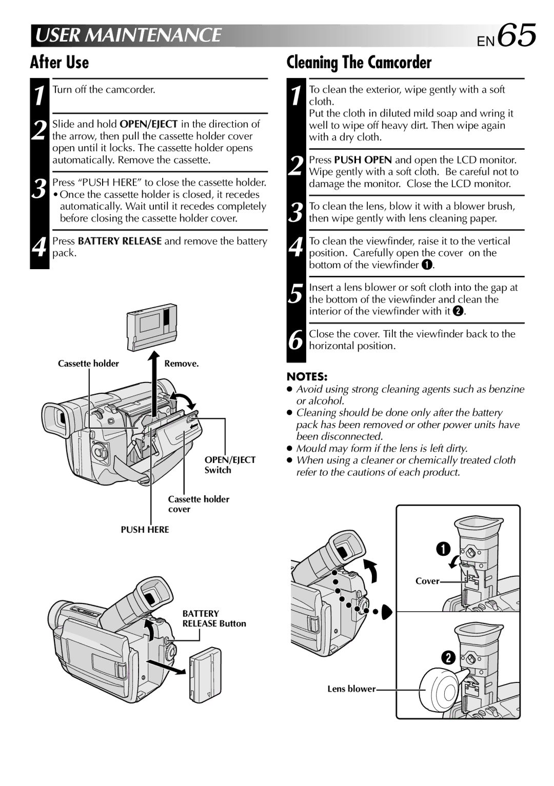 JVC LYT0583-001A After Use Cleaning The Camcorder, Turn off the camcorder, Press Push Here to close the cassette holder 