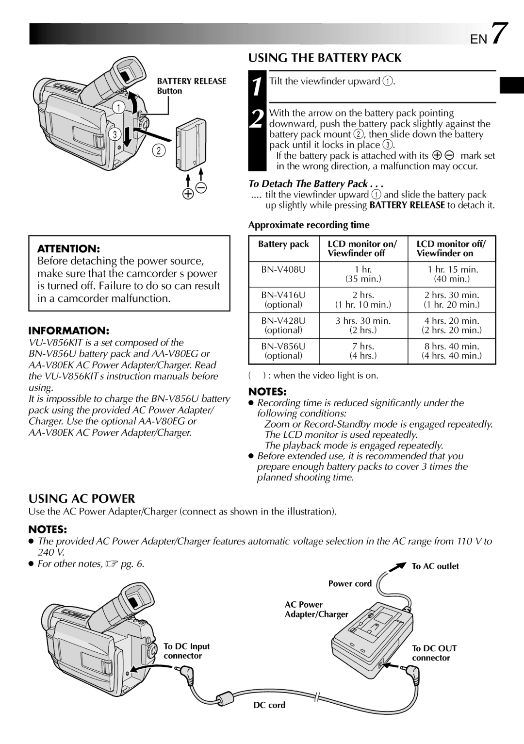 JVC LYT0583-001A Using the Battery Pack, Using AC Power, Information, To Detach The Battery Pack, For other notes,  pg 