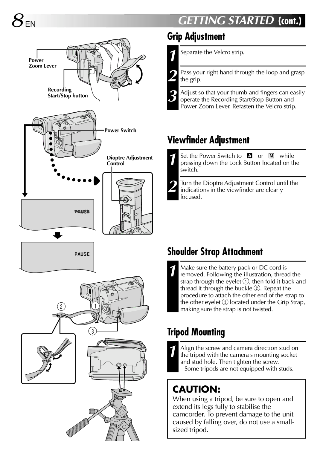 JVC LYT0583-001A specifications Grip Adjustment, Viewfinder Adjustment, Shoulder Strap Attachment, Tripod Mounting 