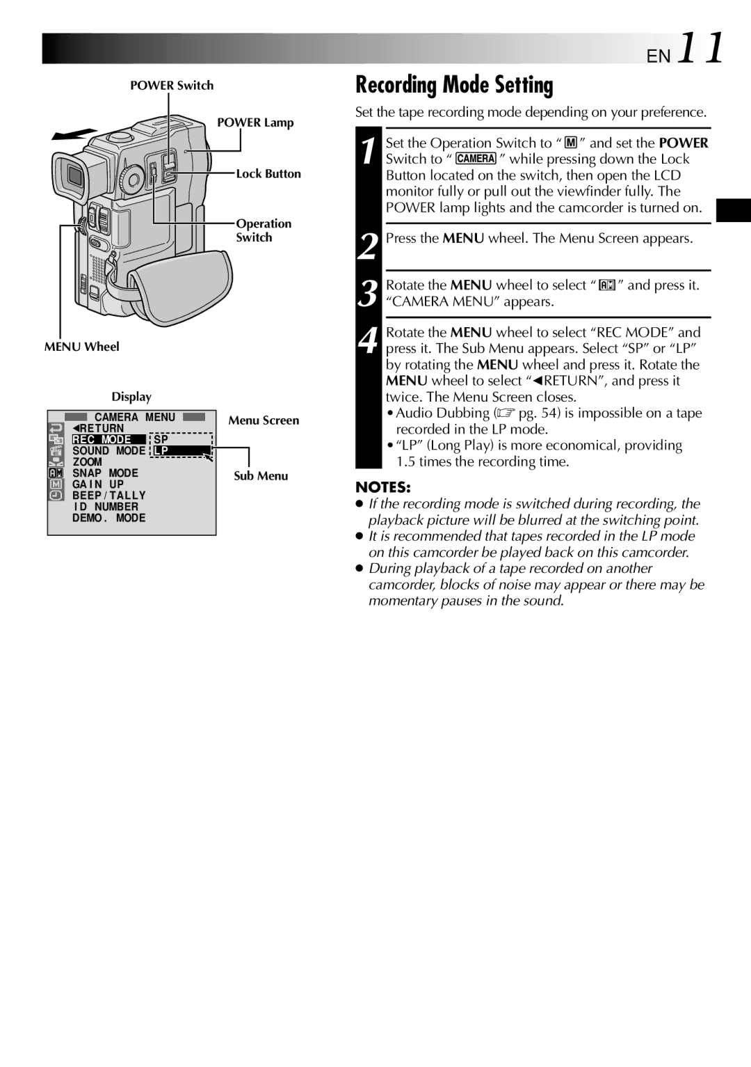 JVC LYT0633-001A specifications Recording Mode Setting, EN11 