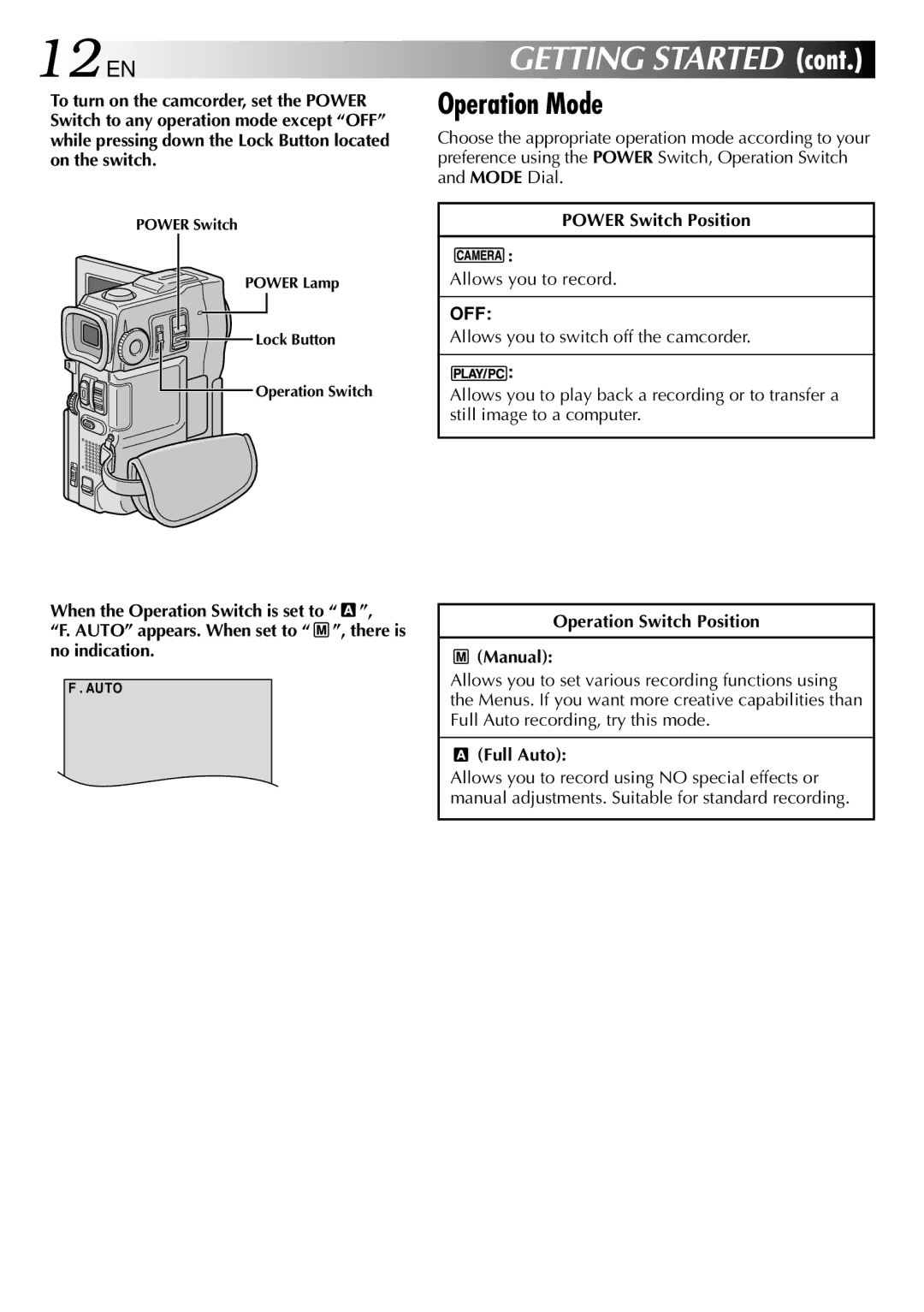 JVC LYT0633-001A specifications 12 EN, Operation Mode, Power Switch Position, Operation Switch Position Manual, Full Auto 