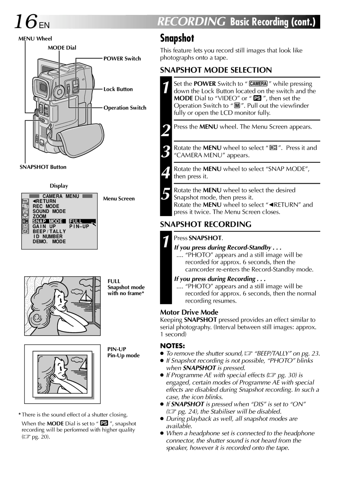 JVC LYT0633-001A specifications 16 EN, Snapshot Mode Selection, Snapshot Recording, Motor Drive Mode 