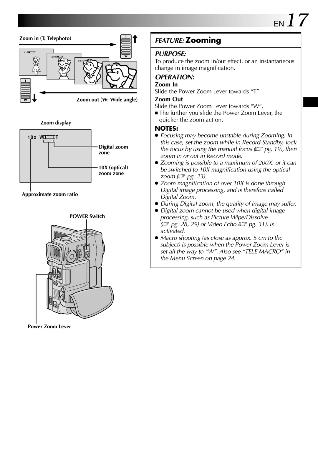 JVC LYT0633-001A specifications EN17, Slide the Power Zoom Lever towards T, Zoom Out 