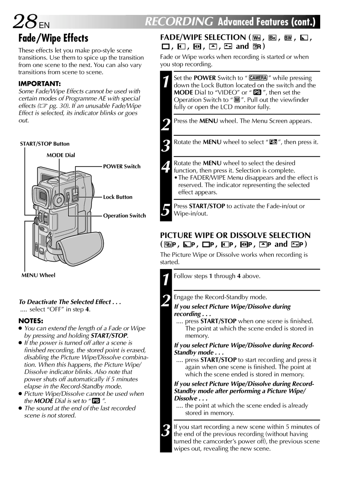 JVC LYT0633-001A specifications 28 EN, Fade/Wipe Effects, FADE/WIPE Selection, Picture Wipe or Dissolve Selection 