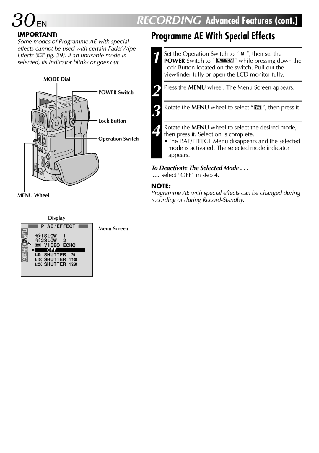 JVC LYT0633-001A 30 EN, Programme AE With Special Effects, Set the Operation Switch to , then set, Power Switch to 