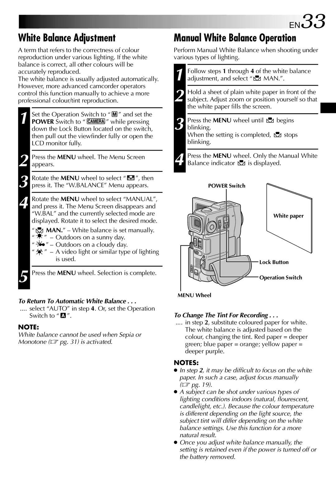 JVC LYT0633-001A White Balance Adjustment, Manual White Balance Operation, EN33, To Return To Automatic White Balance 