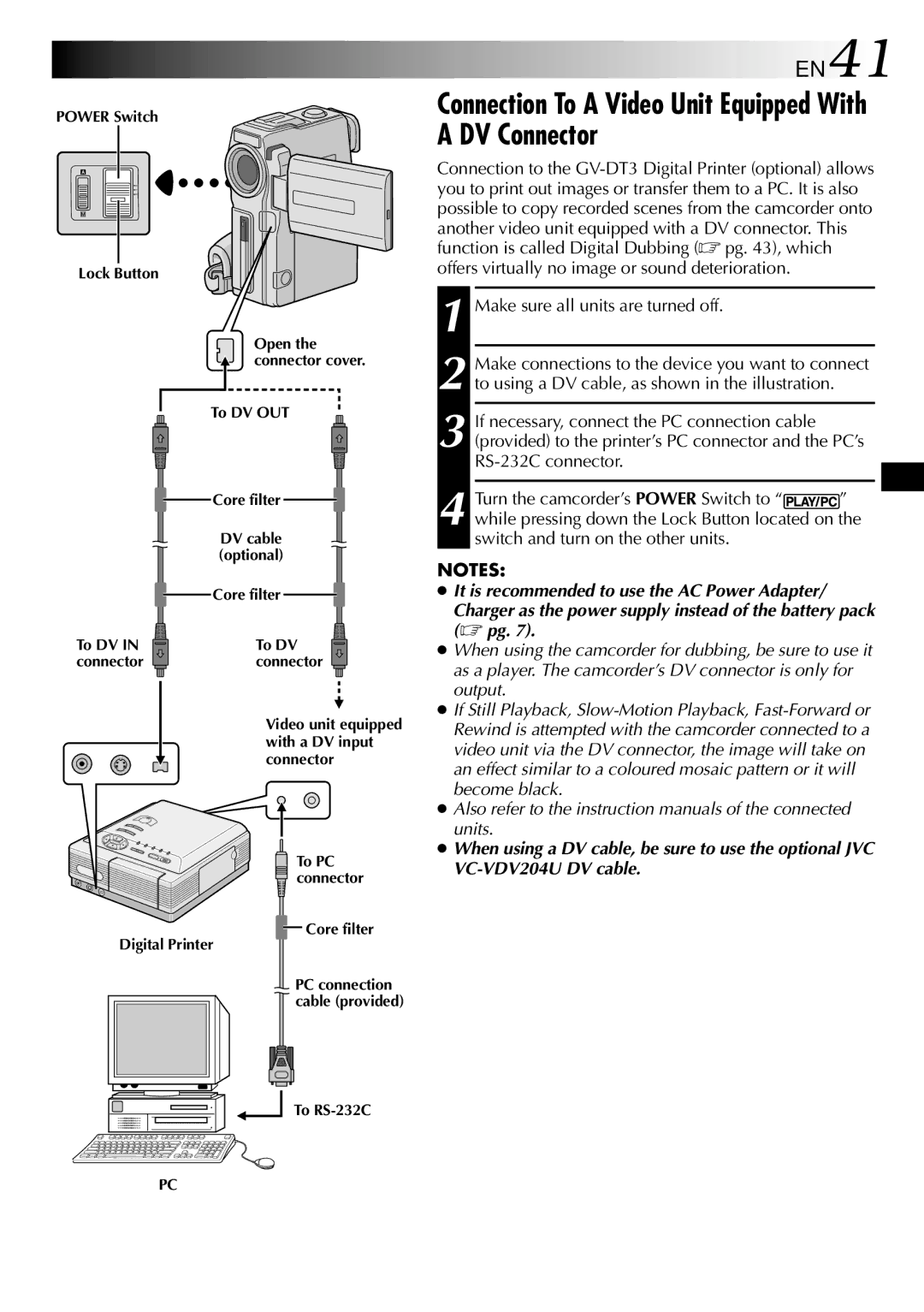 JVC LYT0633-001A specifications Connection To a Video Unit Equipped With a DV Connector, EN41 