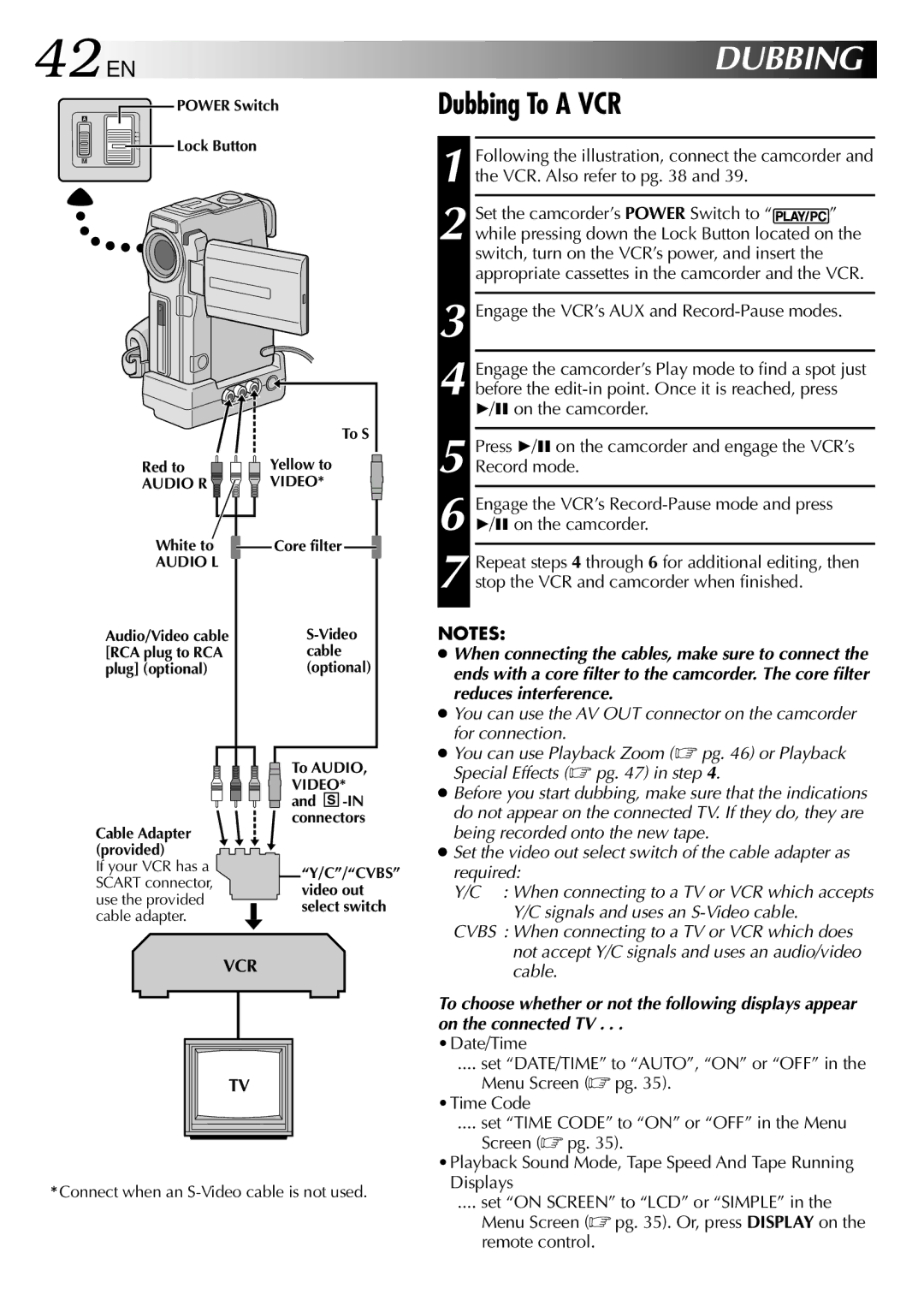 JVC LYT0633-001A specifications 42 EN, Dubbing To a VCR 