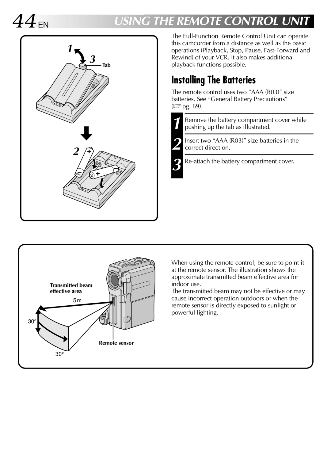 JVC LYT0633-001A specifications 44 EN, Installing The Batteries 