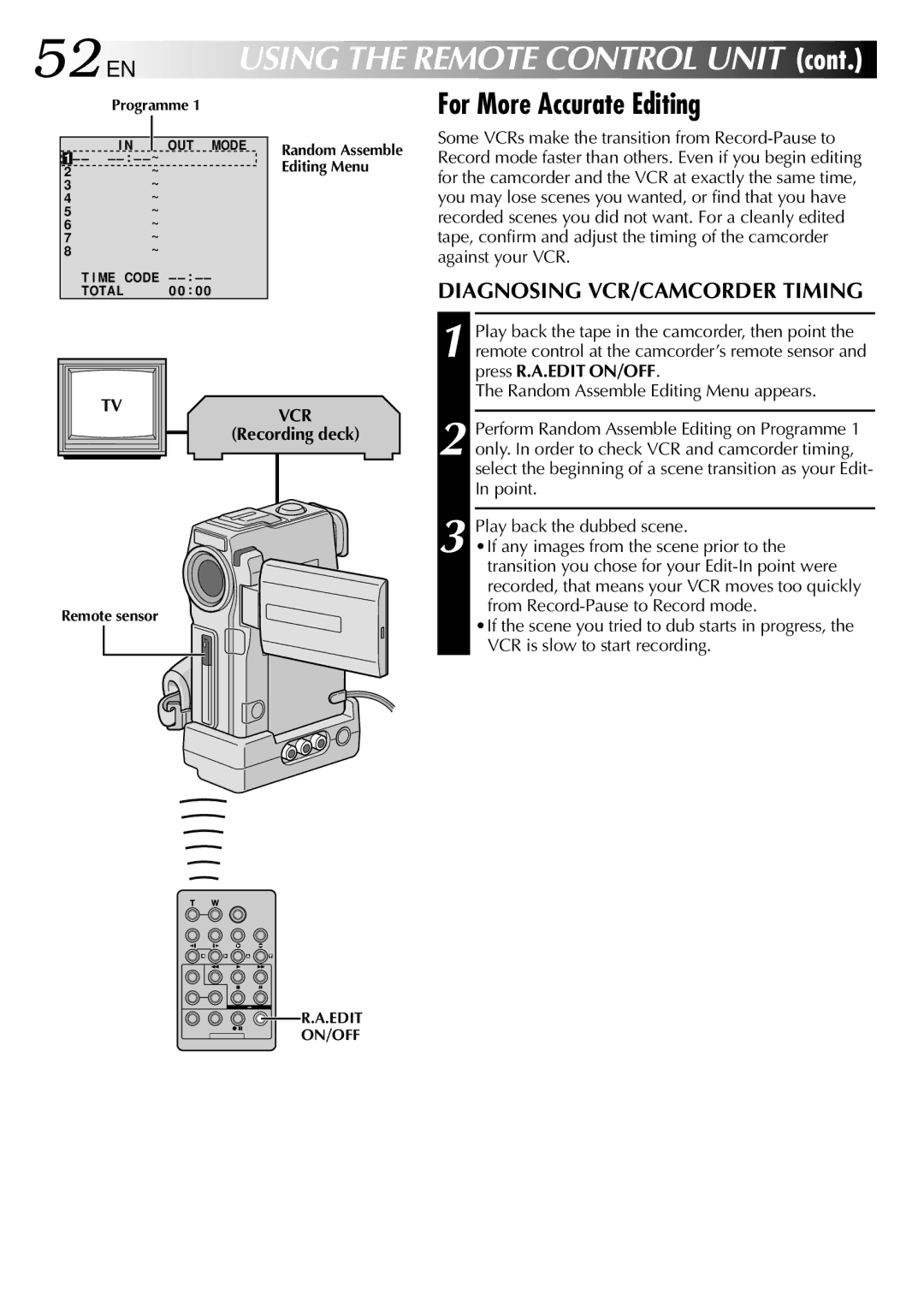 JVC LYT0633-001A specifications 52 EN, For More Accurate Editing, Diagnosing VCR/CAMCORDER Timing 