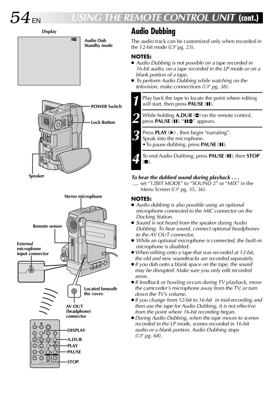 JVC LYT0633-001A specifications 54 EN, Audio Dubbing, To hear the dubbed sound during playback 