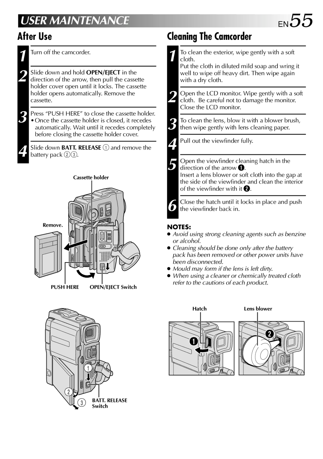 JVC LYT0633-001A specifications After Use Cleaning The Camcorder, Slide down BATT. Release 1 and remove the battery pack 