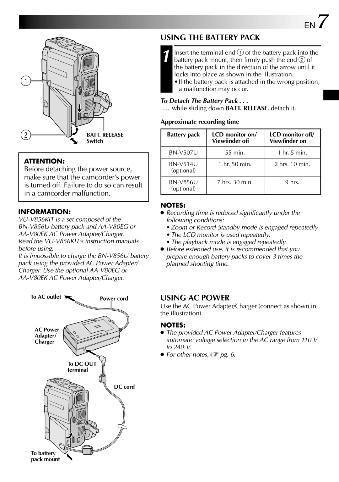 JVC LYT0633-001A Using the Battery Pack, Using AC Power, To Detach The Battery Pack, Approximate recording time 