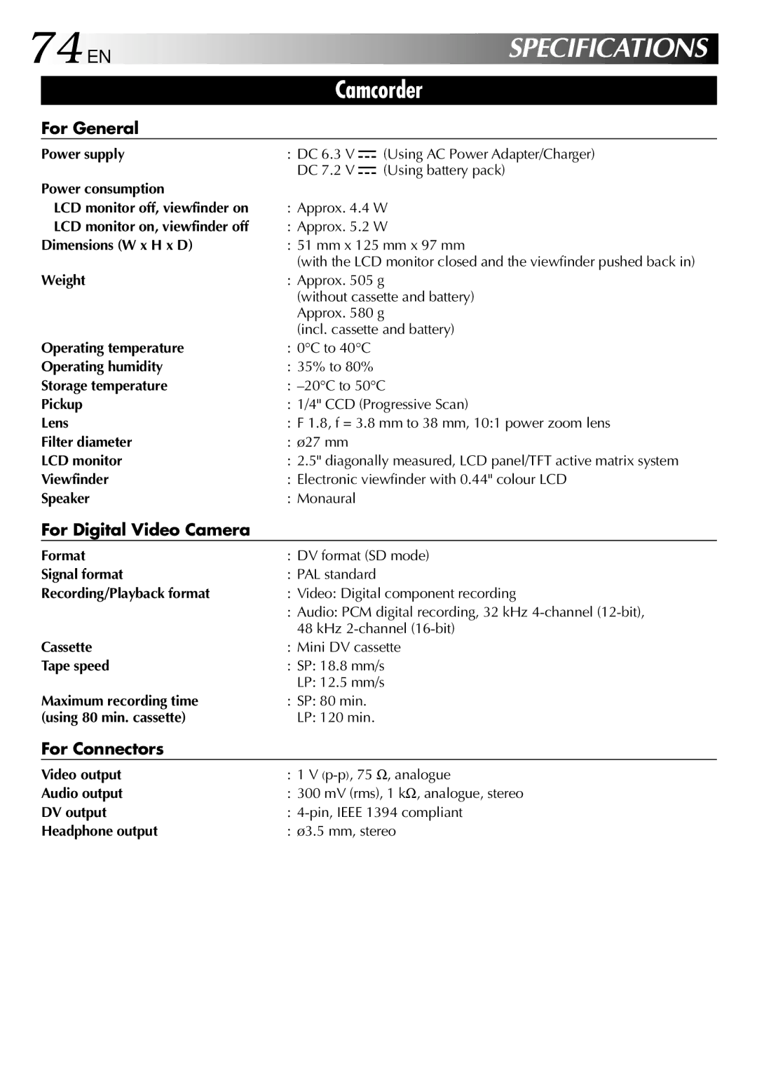 JVC LYT0633-001A specifications 74 EN, For General, For Digital Video Camera, For Connectors 