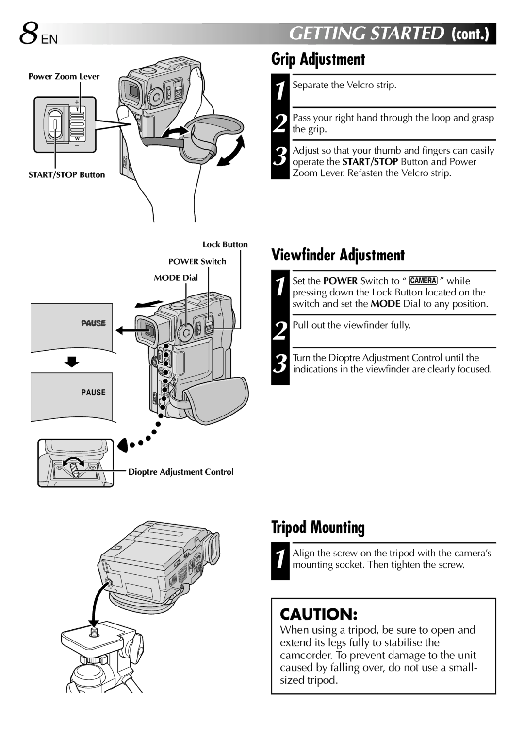 JVC LYT0633-001A specifications Grip Adjustment, Viewfinder Adjustment, Tripod Mounting, Pull out the viewfinder fully 