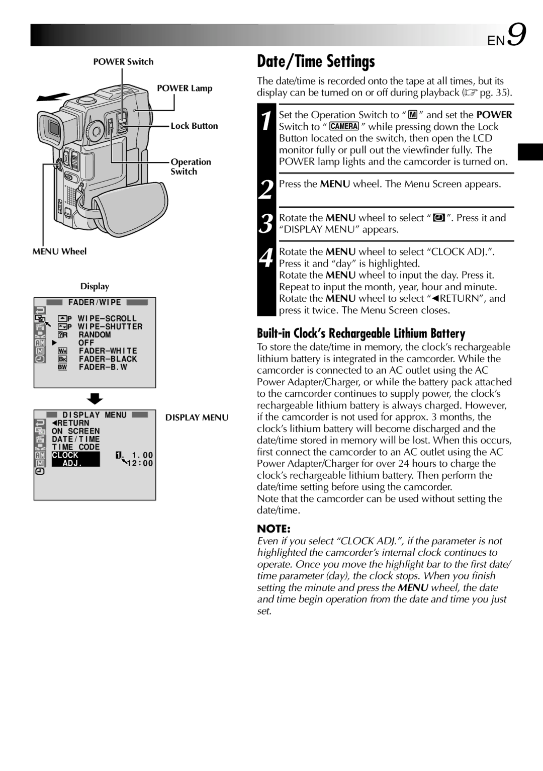 JVC LYT0633-001A specifications Date/Time Settings, Built-in Clock’s Rechargeable Lithium Battery 