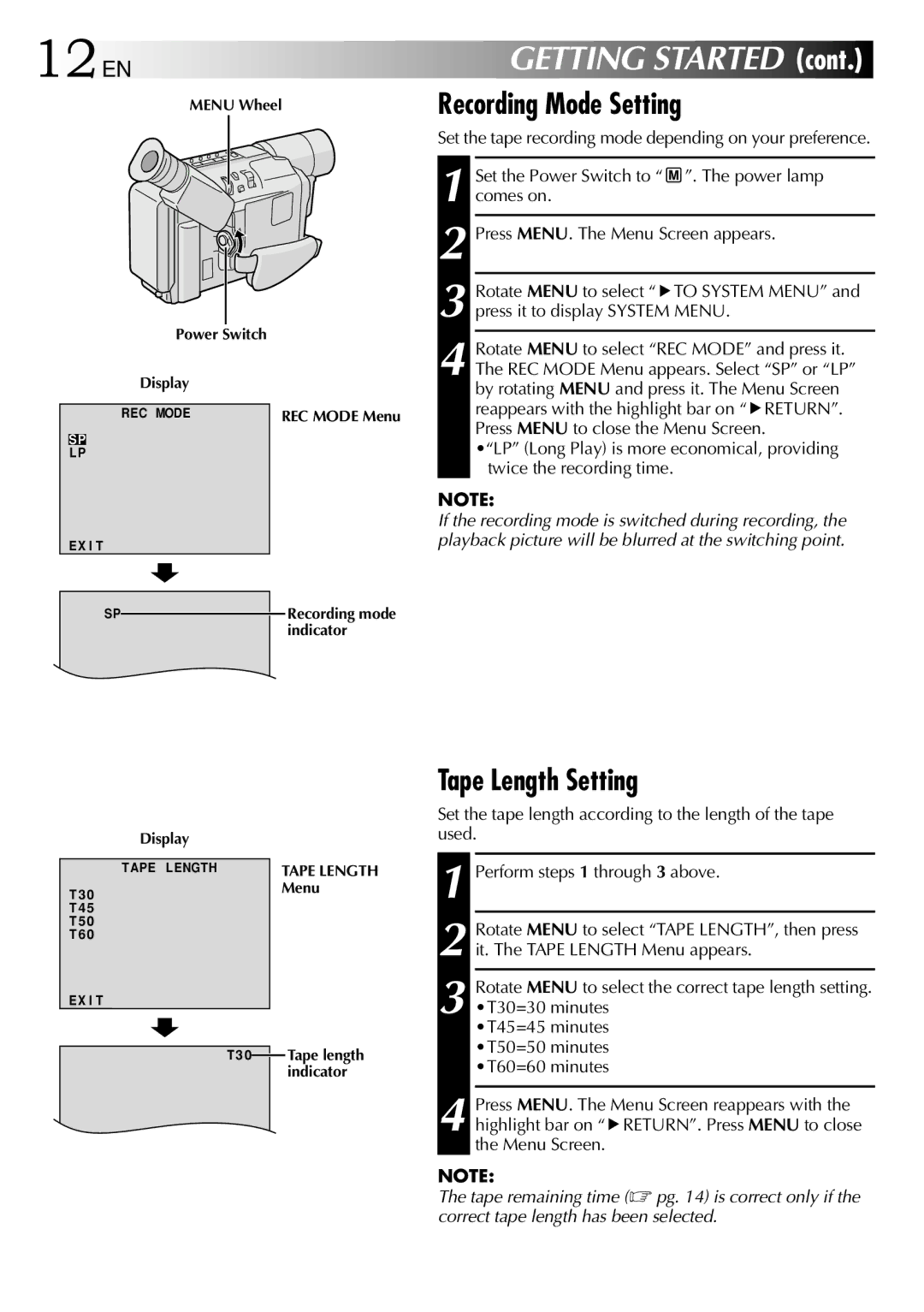 JVC LYT0672-001A, 1000MKV*UN*VP specifications 12EN, Recording Mode Setting, Tape Length Setting 