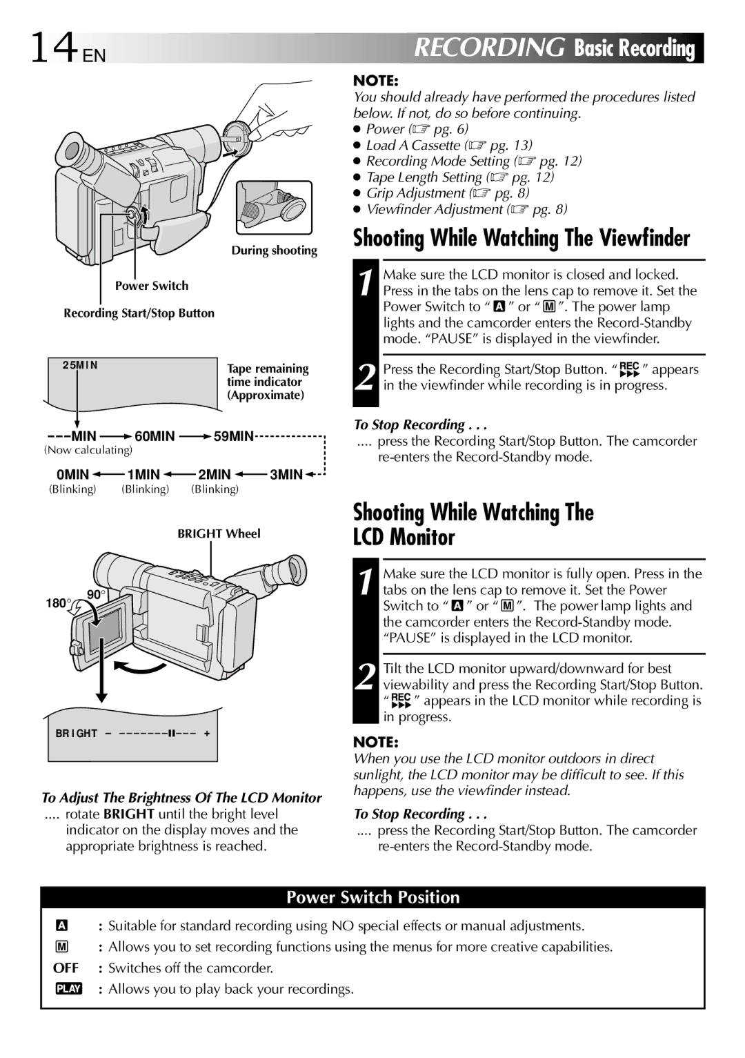 JVC LYT0672-001A 14EN, Shooting While Watching LCD Monitor, To Stop Recording, Rotate Bright until the bright level 