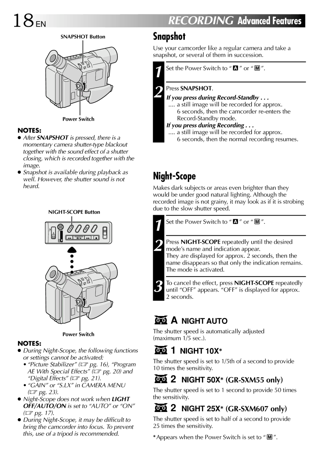 JVC LYT0672-001A 18EN, Snapshot, Night-Scope, If you press during Record-Standby, If you press during Recording 