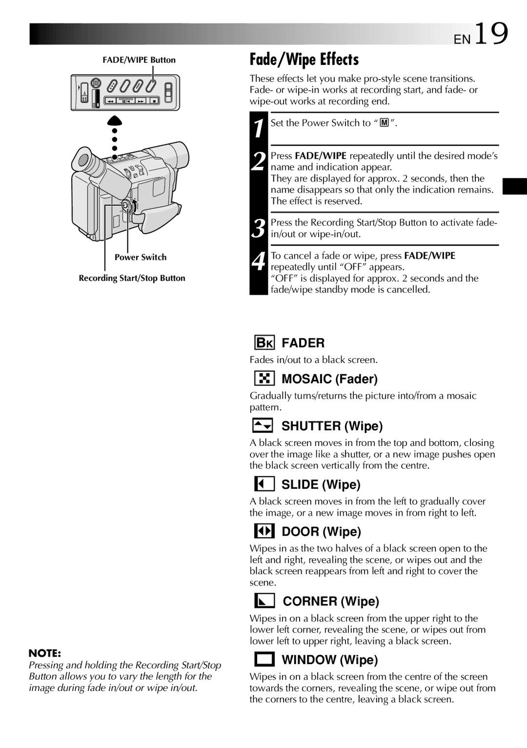 JVC 1000MKV*UN*VP, LYT0672-001A specifications Fade/Wipe Effects, EN19, Fades in/out to a black screen 