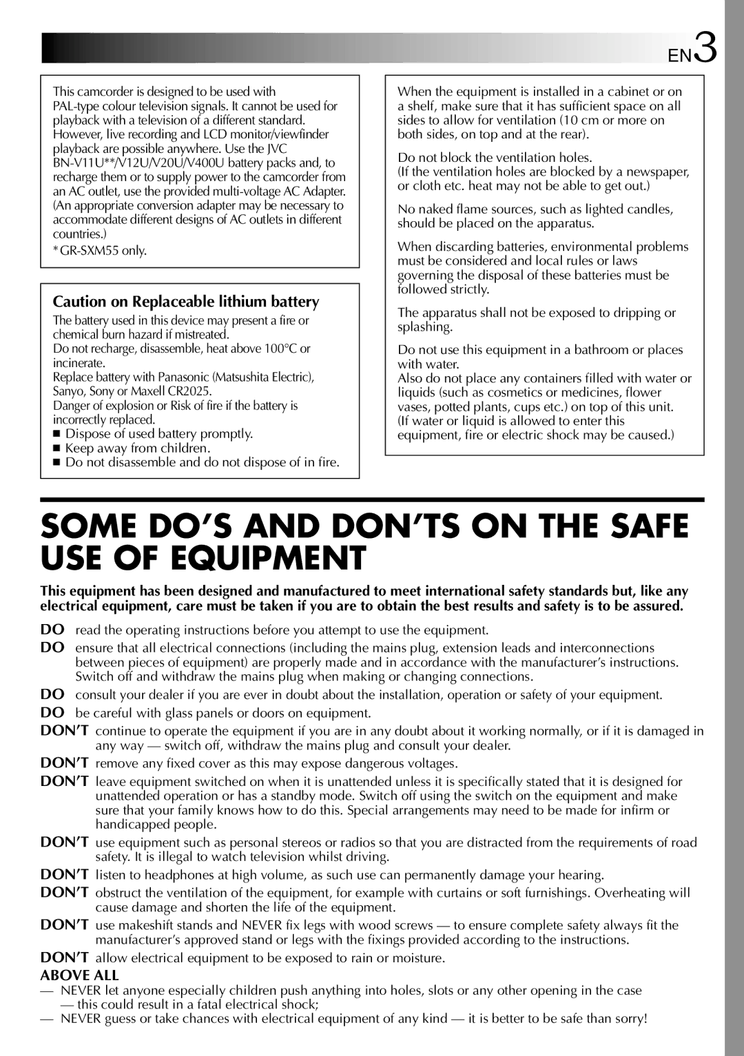 JVC 1000MKV*UN*VP, LYT0672-001A specifications Some DO’S and DON’TS on the Safe USE of Equipment 