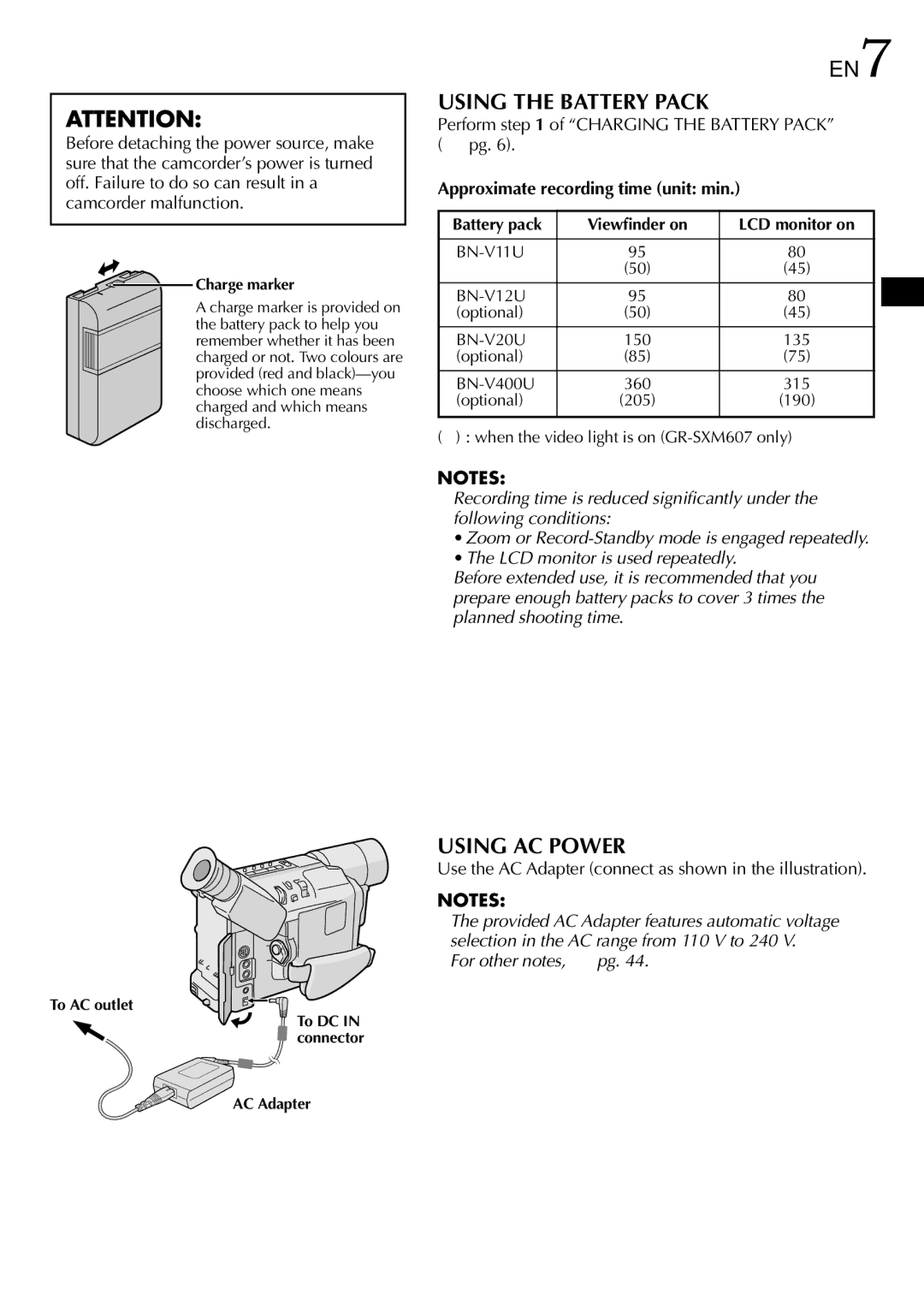 JVC 1000MKV*UN*VP, LYT0672-001A Using the Battery Pack, Using AC Power, Perform of Charging the Battery Pack  pg 