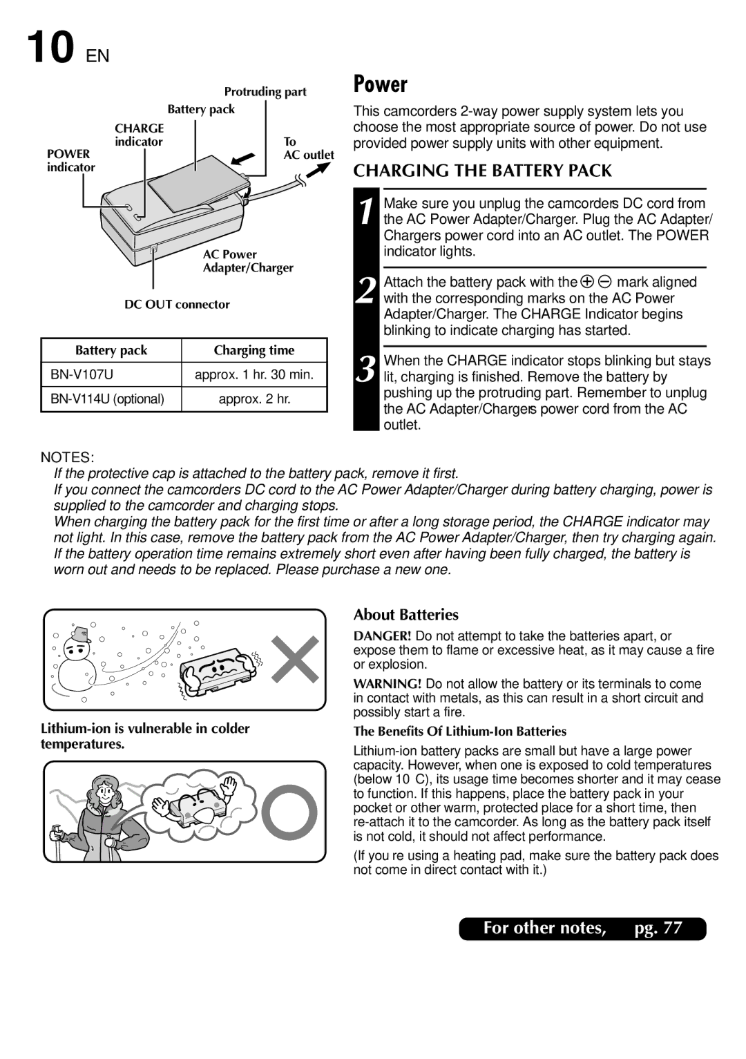 JVC LYT0844-001A specifications 10 EN, Power, Charging the Battery Pack, Lithium-ion is vulnerable in colder temperatures 