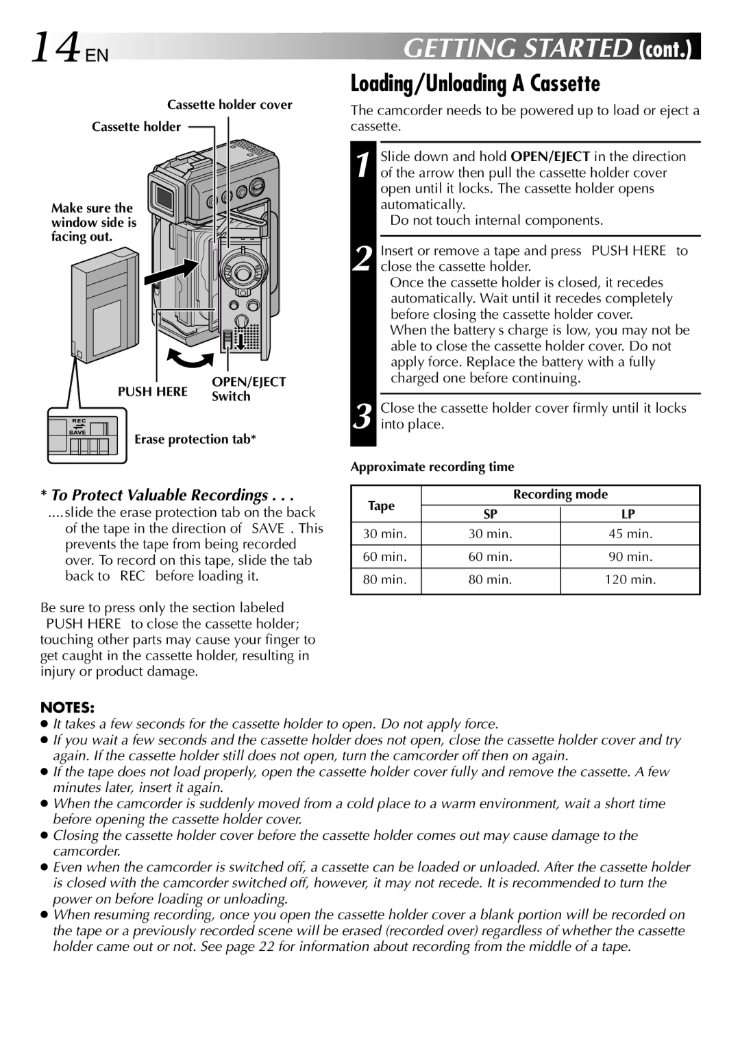 JVC LYT0844-001A specifications 14 EN, Loading/Unloading a Cassette, Slide the erase protection tab on the back 