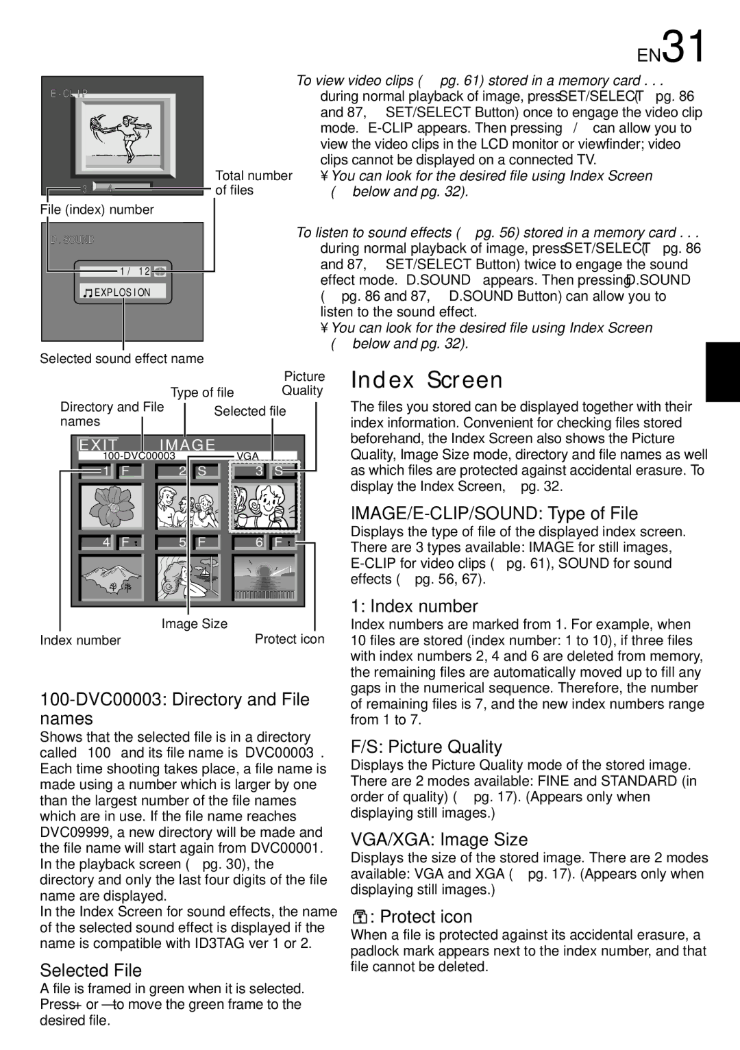 JVC LYT0844-001A 100-DVC00003 Directory and File names, Selected File, IMAGE/E-CLIP/SOUND Type of File, Index number 