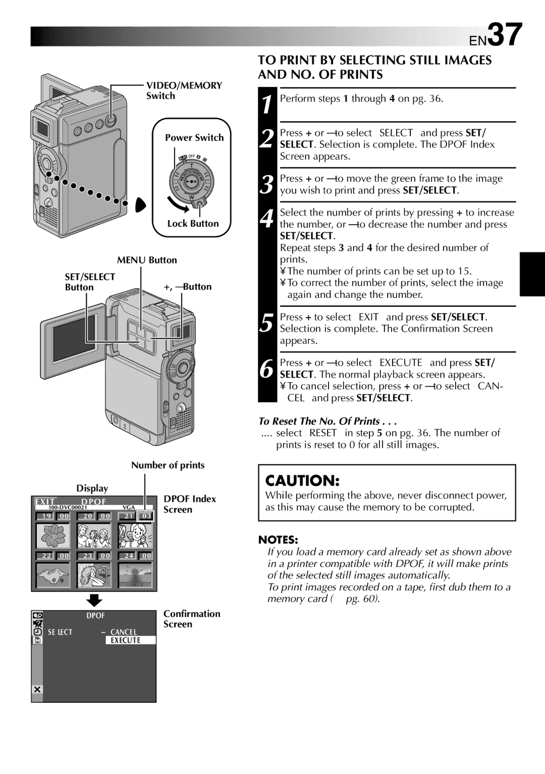 JVC LYT0844-001A specifications EN37, To Print by Selecting Still Images and NO. of Prints, To Reset The No. Of Prints 