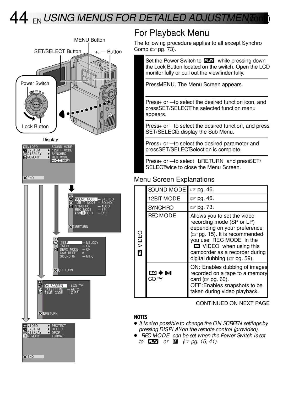 JVC LYT0844-001A specifications For Playback Menu, On Next 