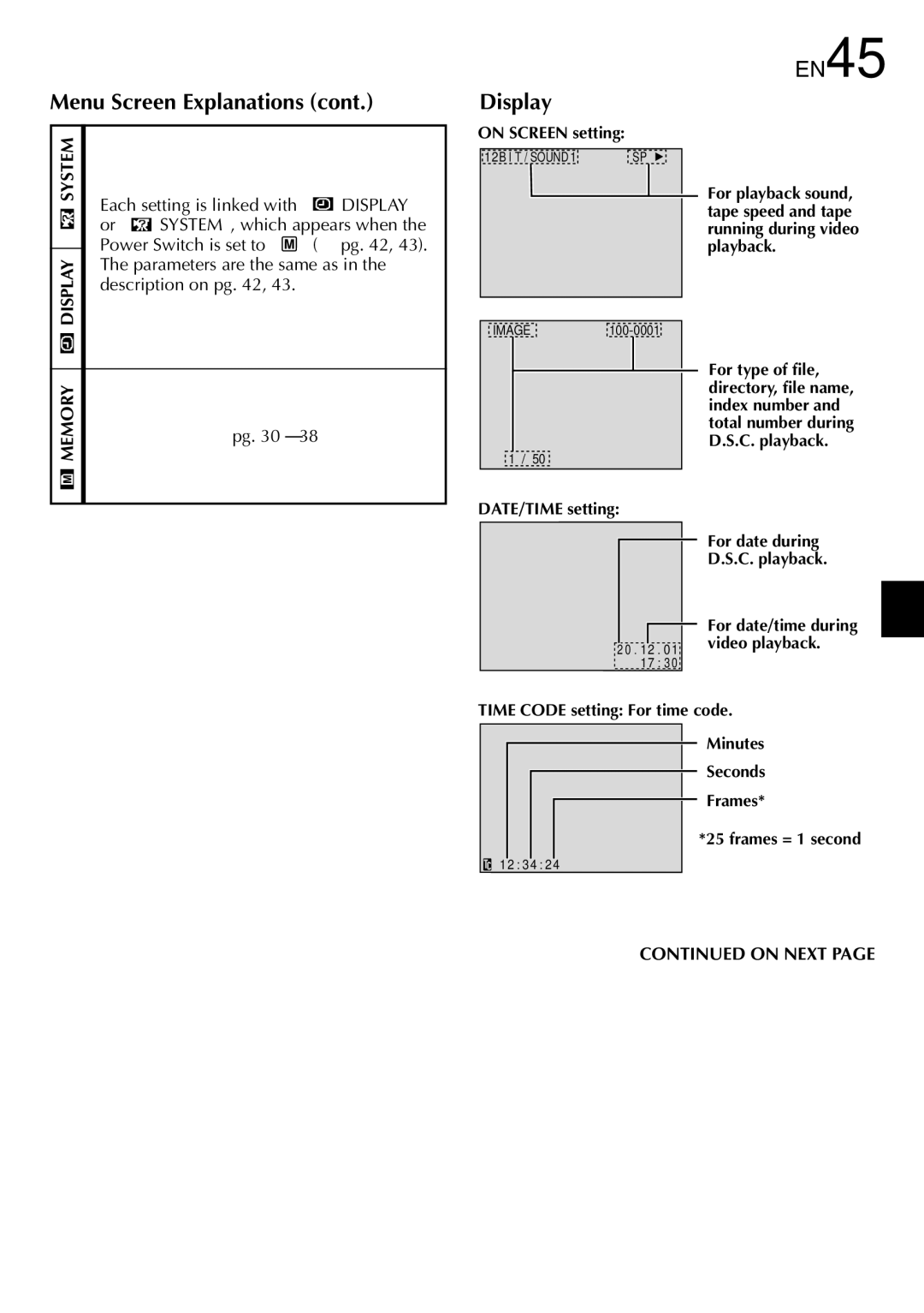 JVC LYT0844-001A specifications Display, EN45, Power Switch is set to  pg, Parameters are the same as, Description on pg 