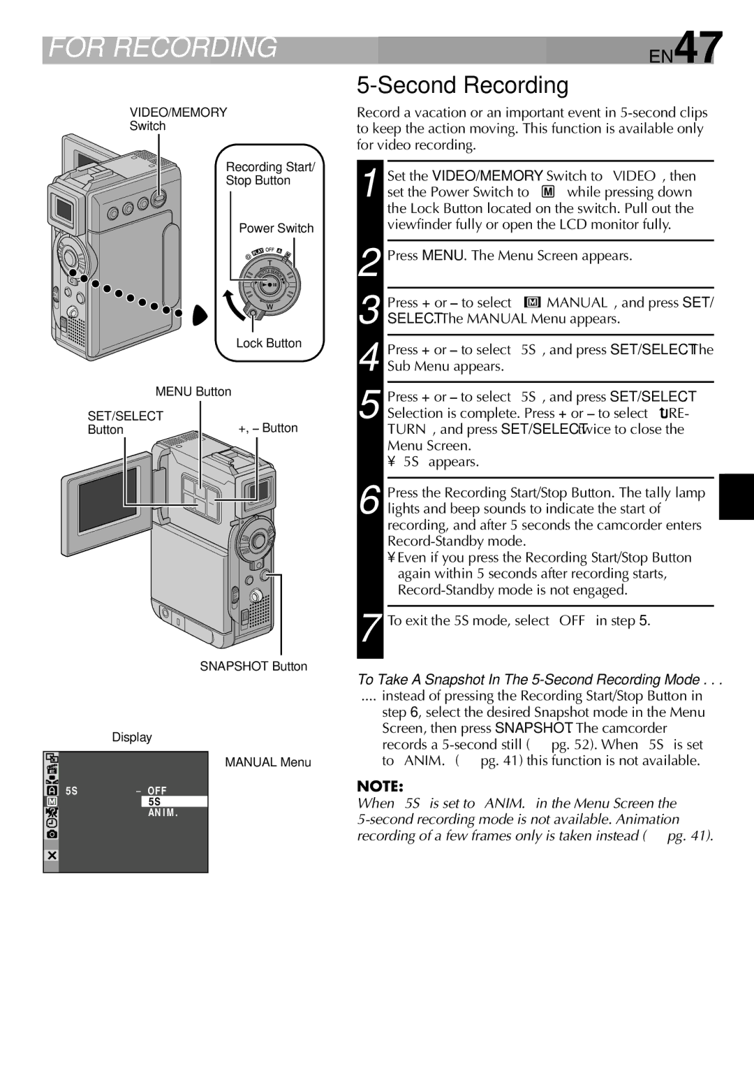 JVC LYT0844-001A specifications For Recording, Second Recording, EN47, Instead of pressing the Recording Start/Stop Button 