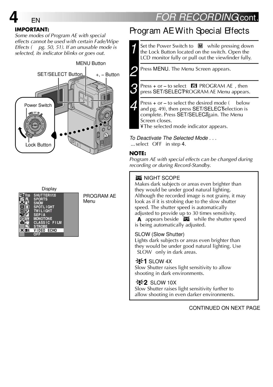 JVC LYT0844-001A specifications 48 EN, Program AE With Special Effects, To Deactivate The Selected Mode, Night Scope, Slow 