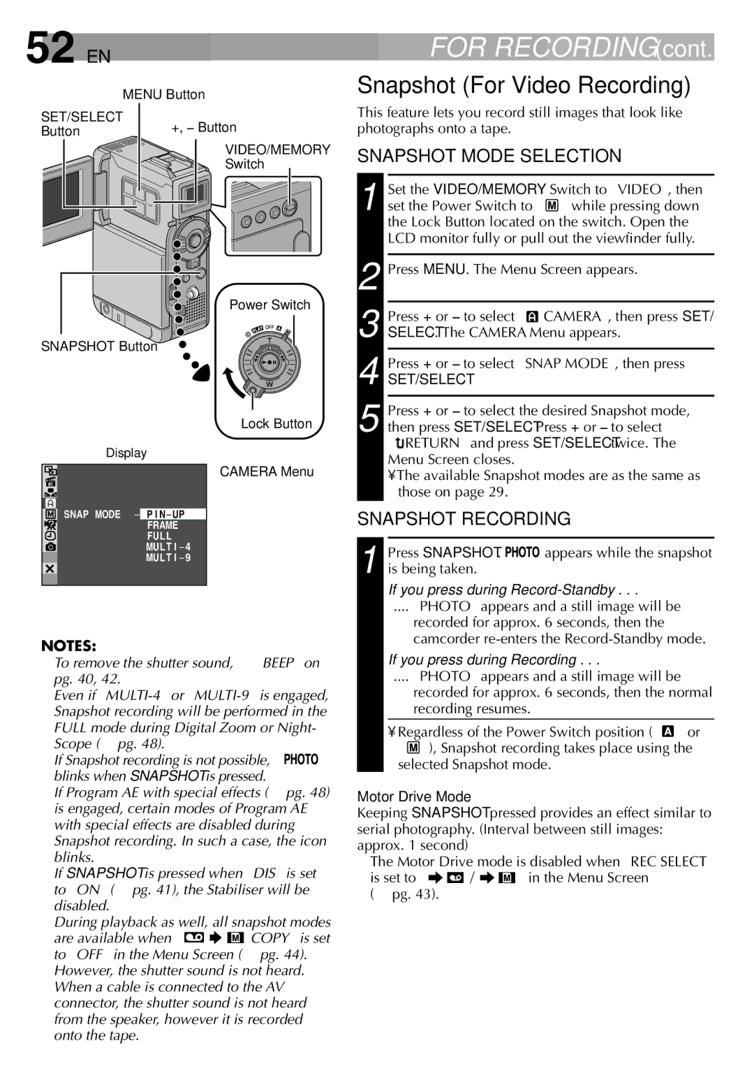 JVC LYT0844-001A 52 EN, Snapshot For Video Recording, If you press during Record-Standby, If you press during Recording 