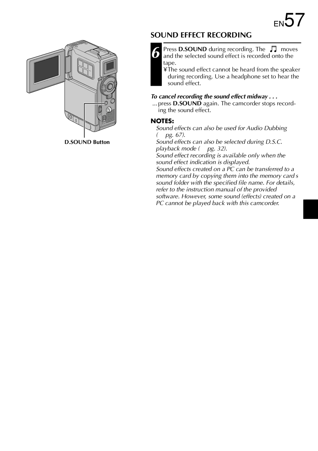 JVC LYT0844-001A specifications EN57, Sound Effect Recording, Ing the sound effect 