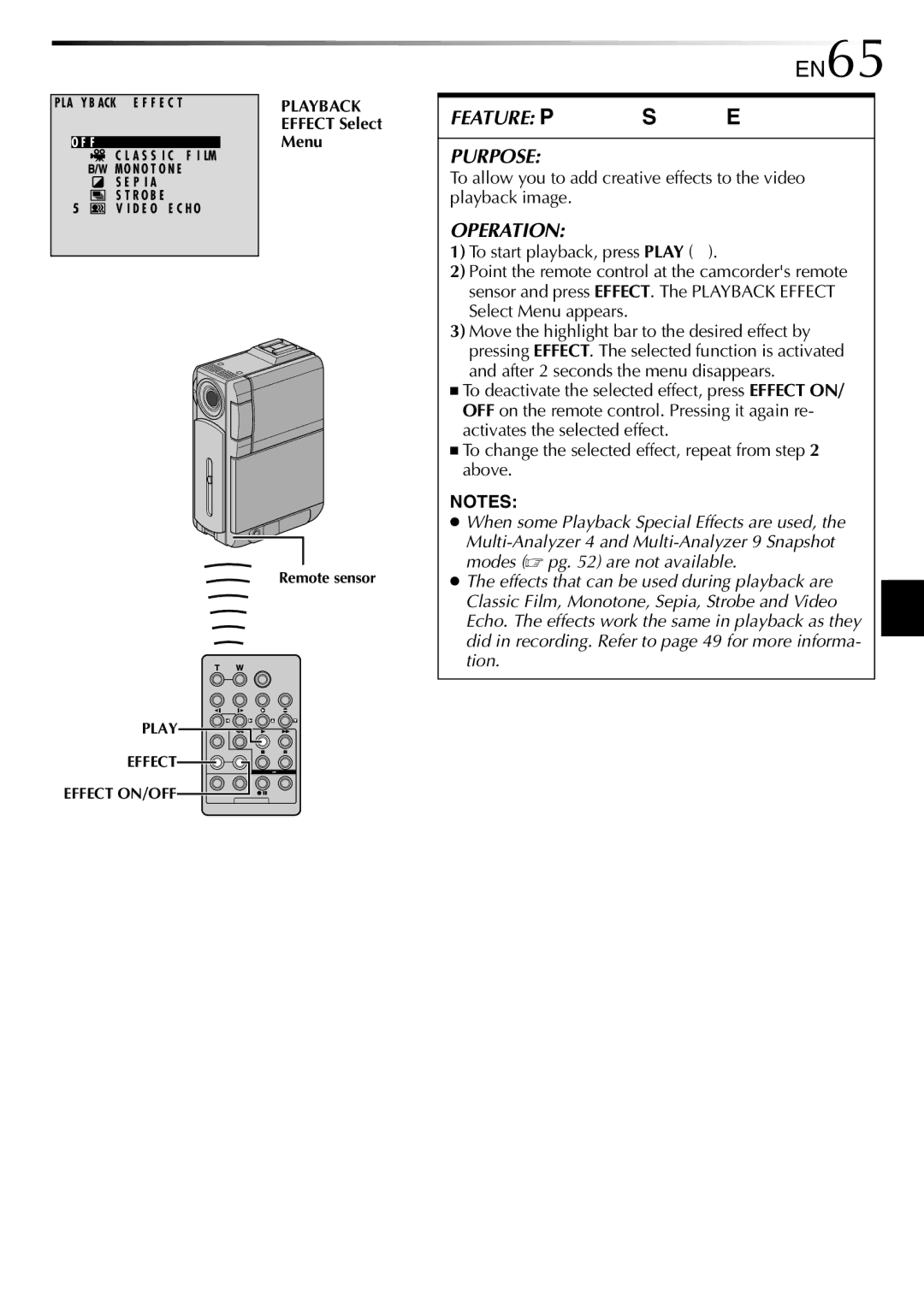 JVC LYT0844-001A specifications EN65, Feature Playback Special Effects 