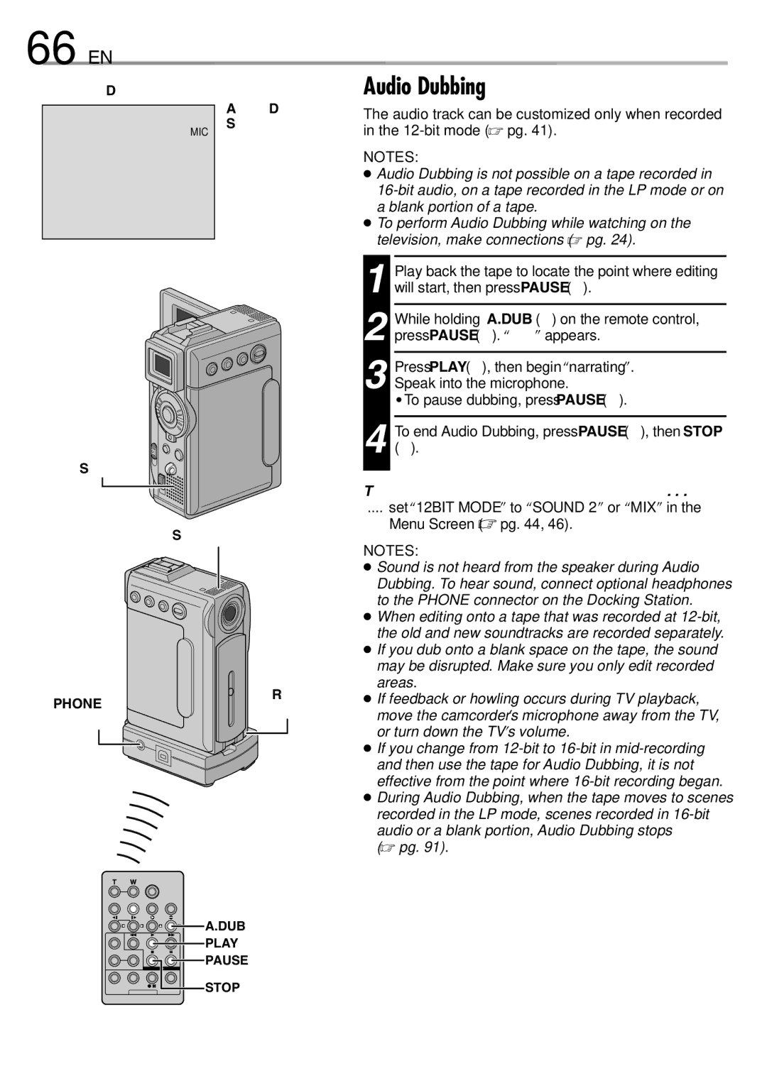 JVC LYT0844-001A specifications 66 EN, Audio Dubbing, To hear the dubbed sound during playback 