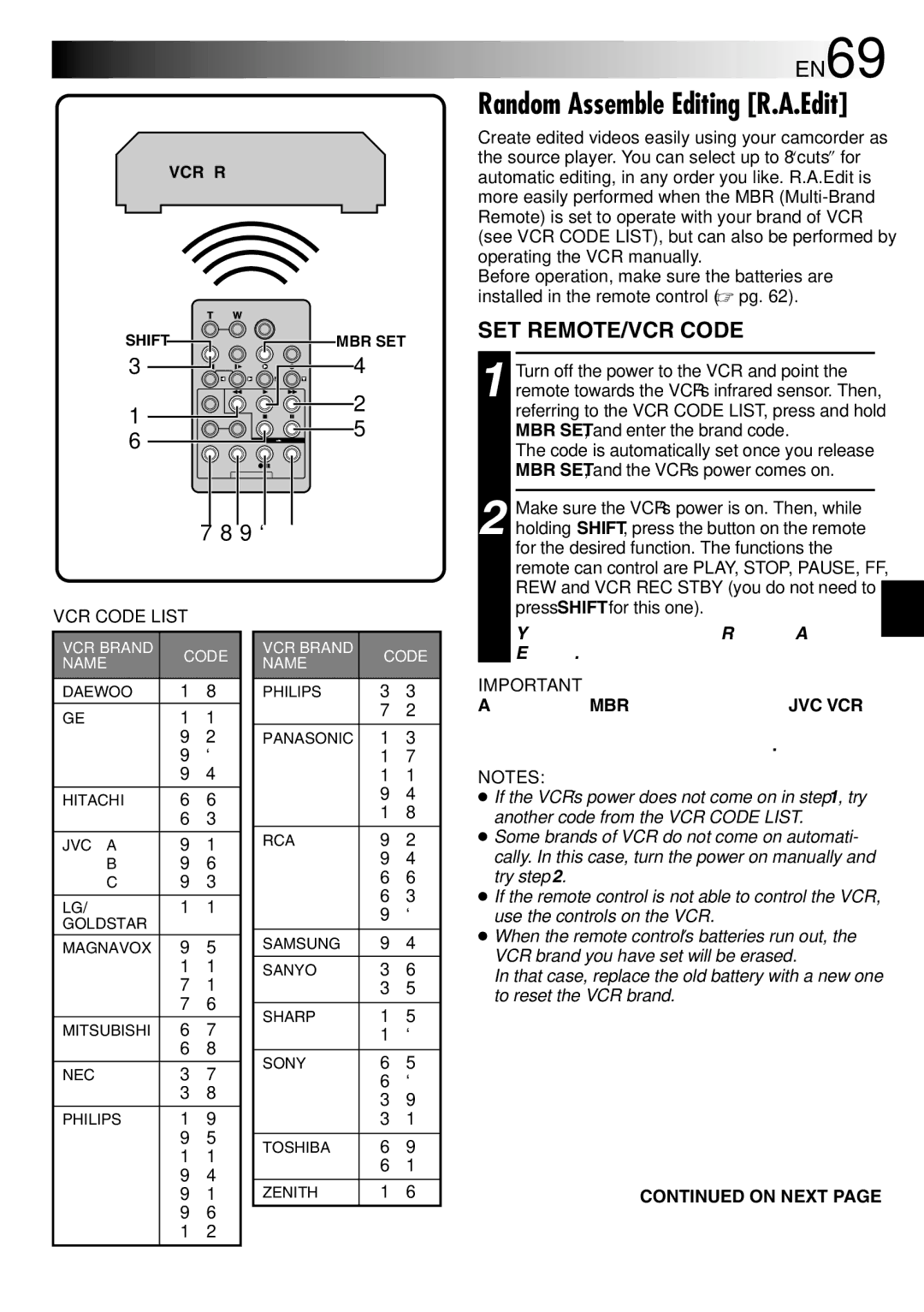 JVC LYT0844-001A specifications EN69, SET REMOTE/VCR Code 