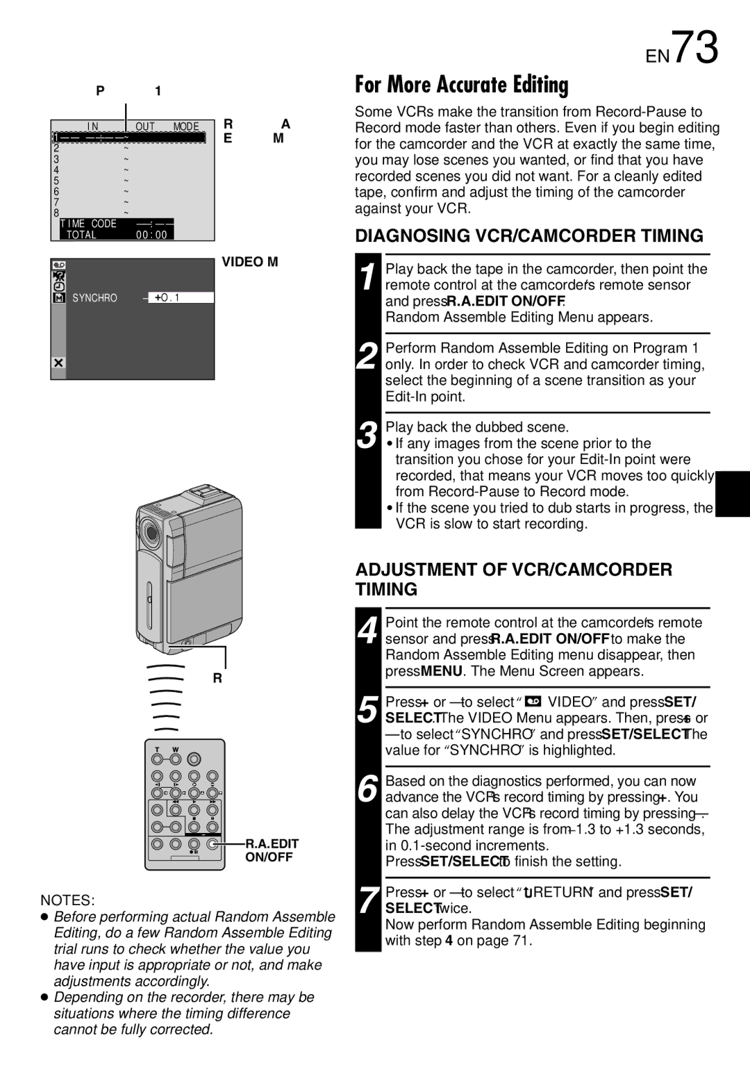 JVC LYT0844-001A For More Accurate Editing, EN73, Diagnosing VCR/CAMCORDER Timing, Adjustment of VCR/CAMCORDER Timing 