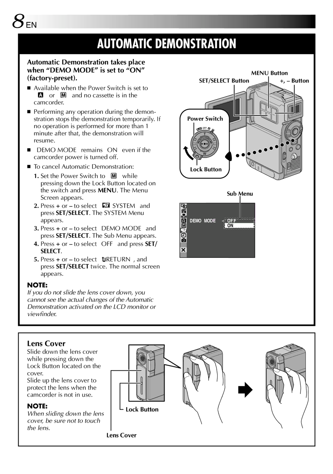 JVC LYT0844-001A specifications Press + or to select OFF and press SET, Select, Lock Button Lens Cover 