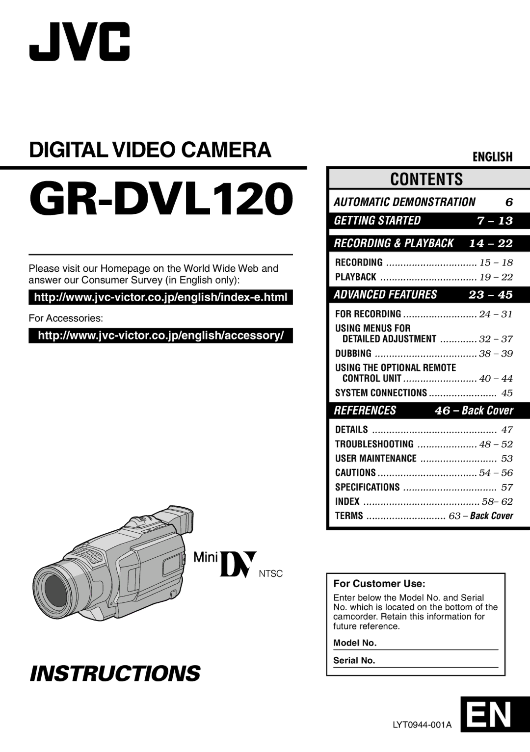 JVC LYT0944-001A specifications GR-DVL120 