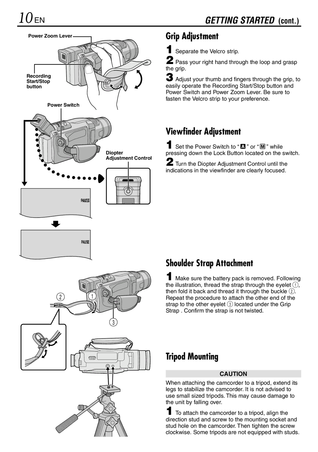 JVC LYT0944-001A specifications 10 EN, Grip Adjustment, Viewfinder Adjustment, Shoulder Strap Attachment, Tripod Mounting 