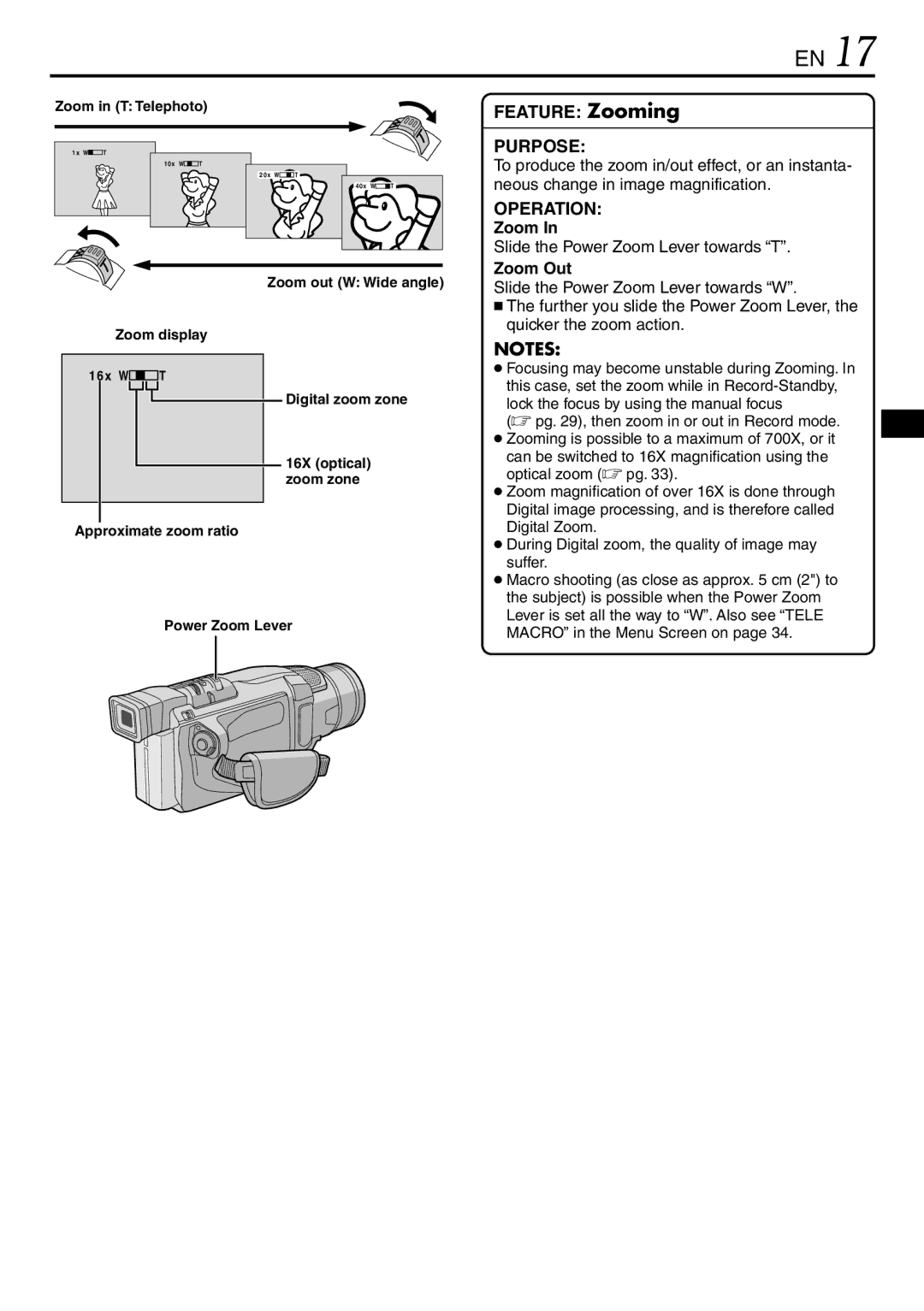 JVC LYT0944-001A specifications Slide the Power Zoom Lever towards T, Zoom Out, Zoom in T Telephoto 