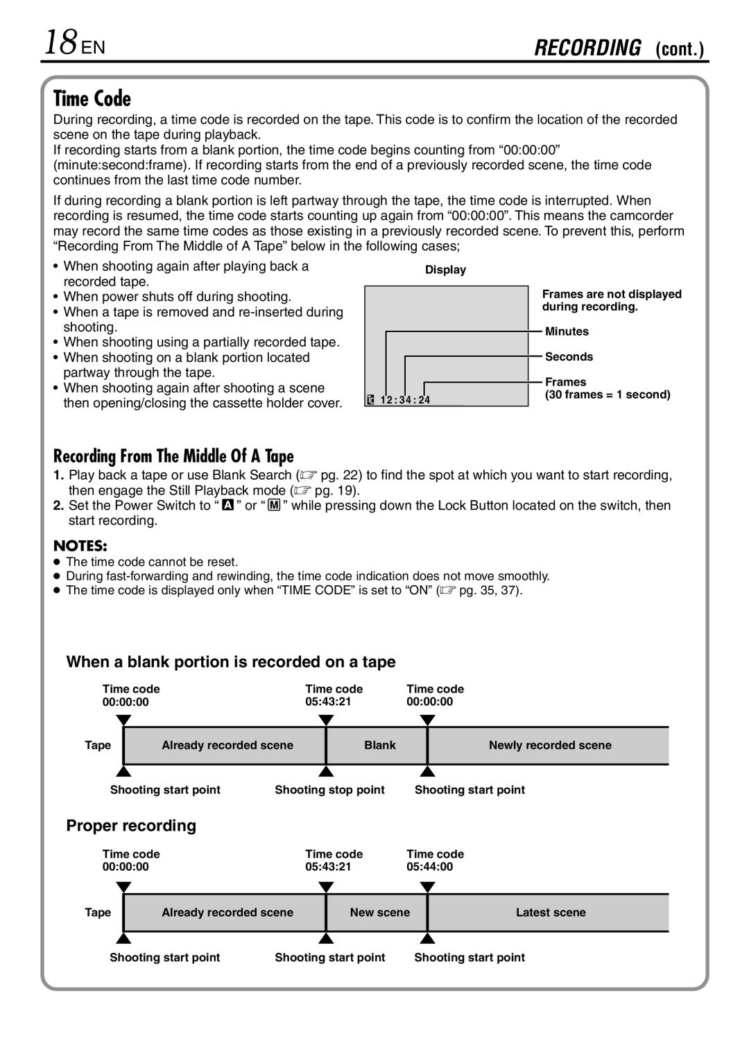 JVC LYT0944-001A specifications 18 EN, Time Code, When a blank portion is recorded on a tape, Proper recording 