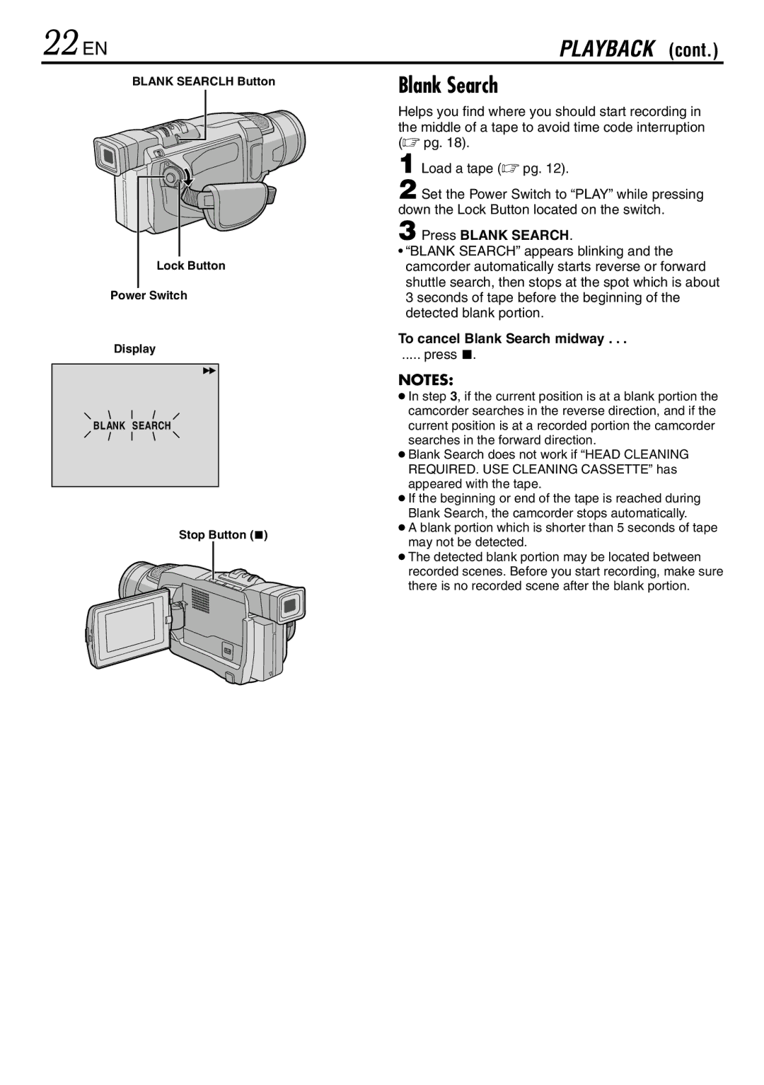 JVC LYT0944-001A specifications 22 EN, Press Blank Search, To cancel Blank Search midway 