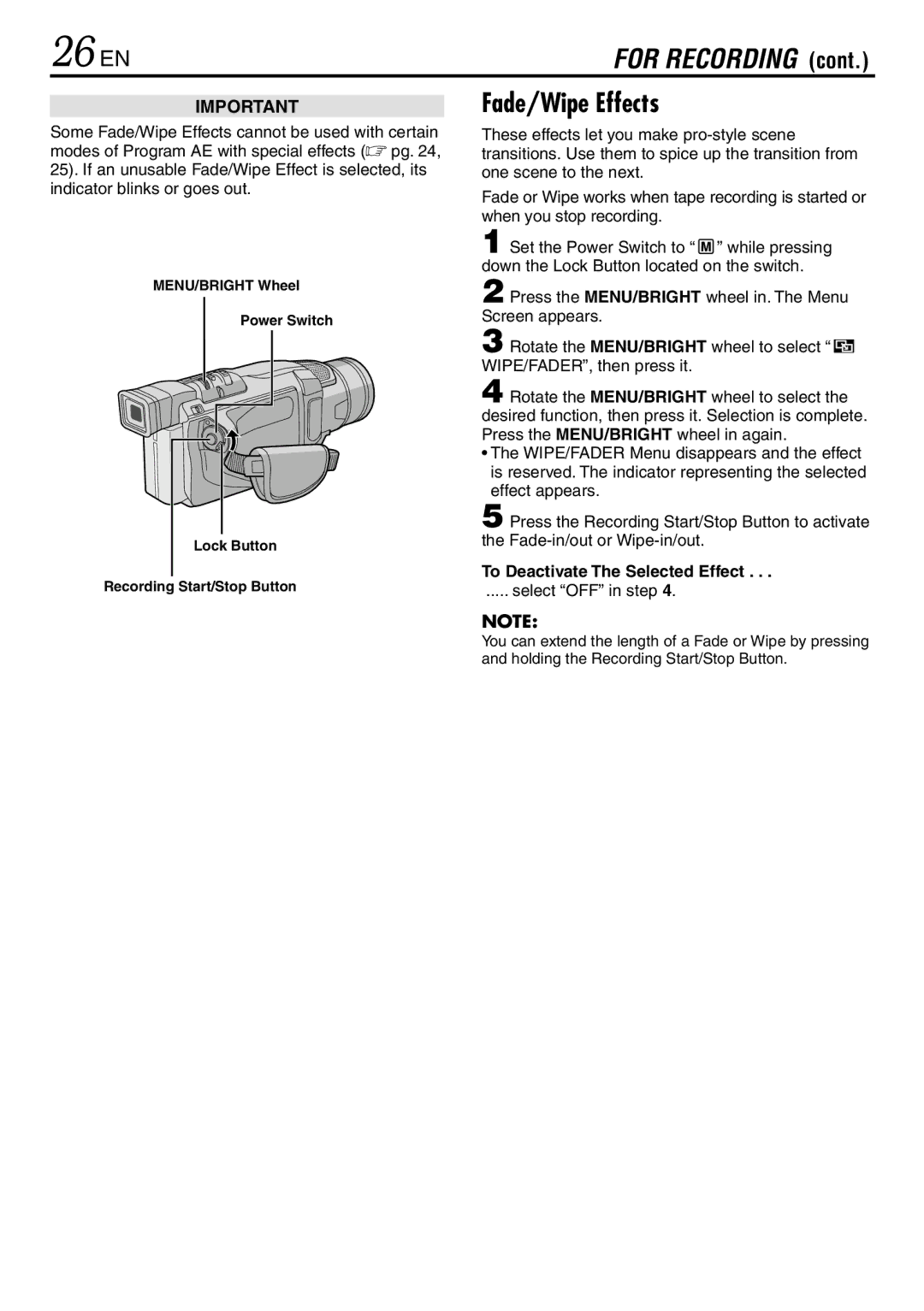 JVC LYT0944-001A specifications 26 EN, Fade/Wipe Effects, To Deactivate The Selected Effect 