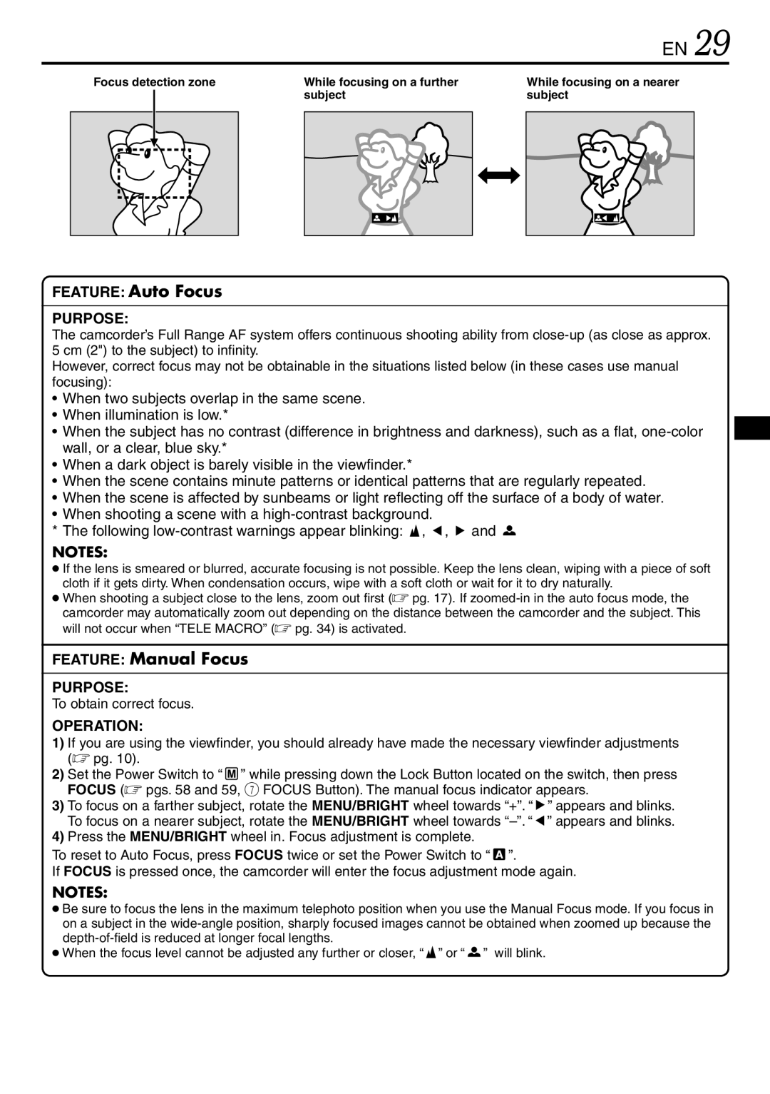 JVC LYT0944-001A specifications To obtain correct focus, Focus detection zone, Subject, While focusing on a nearer subject 